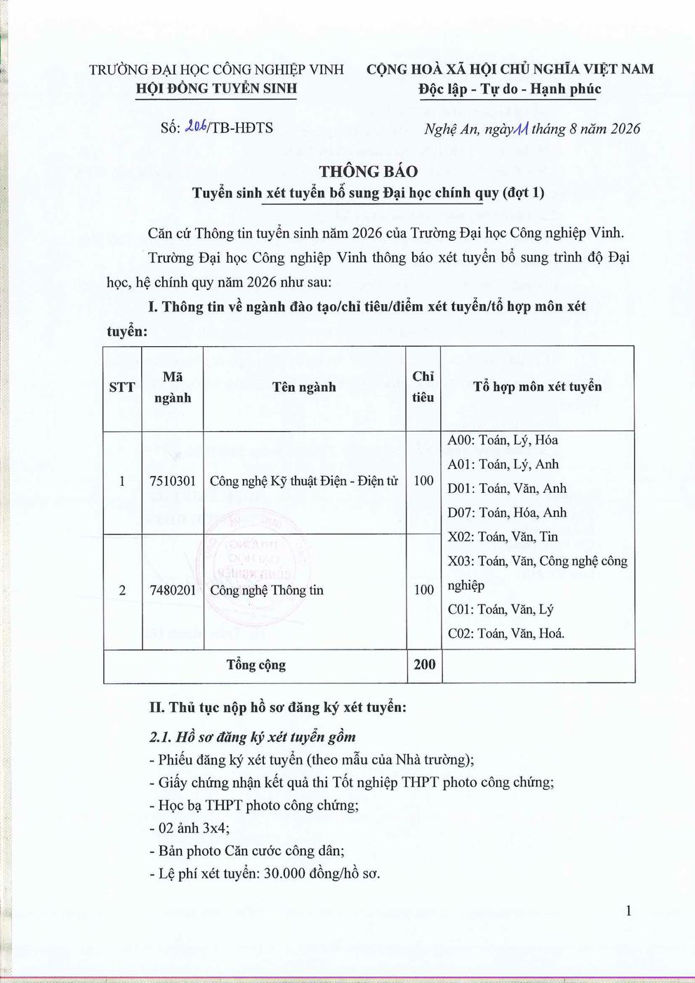 Thông báo xét tuyển bổ sung Đại học Chính quy đợt 1 năm 2026