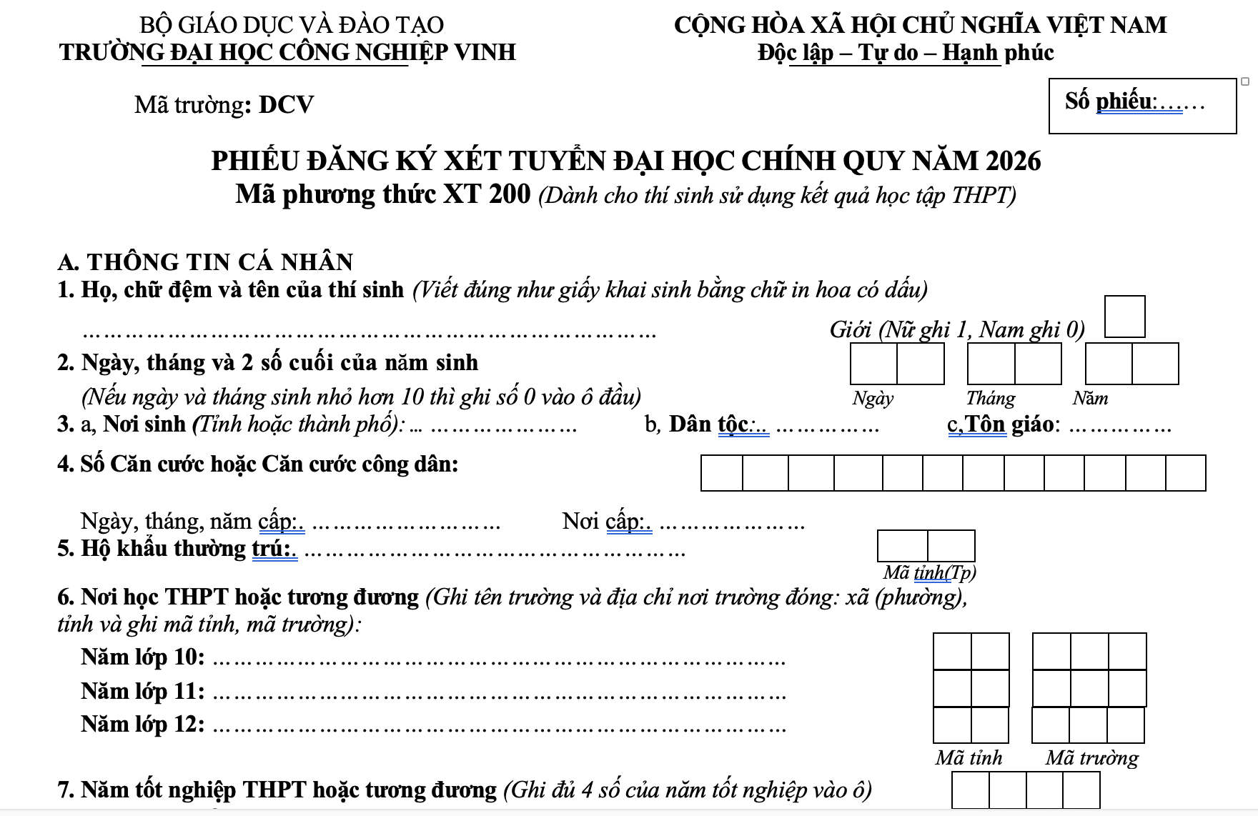 Mẫu phiếu Đăng ký xét tuyển Đại học chính quy năm 2026